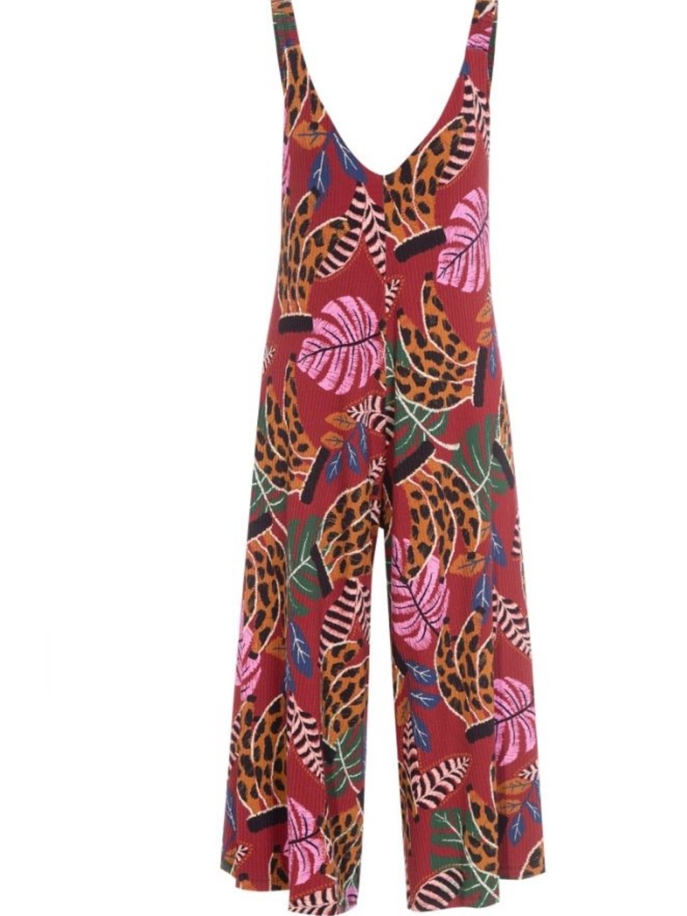 FARM Rio Rust Tropical-Print Wide-Leg Jumpsuit with Pink and Brown Accents